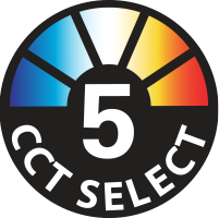 Image of the '5 CCT Select' logo, indicating that Greenlogic's LED Solutions offer five Correlated Color Temperature (CCT) options. This feature allows users to choose from a range of light color temperatures to create the desired ambiance in their spaces.