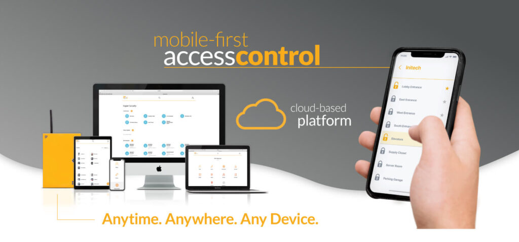 Mobile-first PDK Access Control System displayed on various devices including a mobile phone, laptop, desktop, and tablet, showcasing the versatility and convenience of the cloud-based platform and PDK node. This image represents the advanced Access Control System solutions provided by Greenlogic.