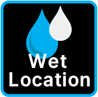 Image of the 'Wet Location' logo, indicating that this specific model of Greenlogic's LED Lighting Solutions is designed to withstand wet conditions. This certification highlights the durability and versatility of our LED lights, suitable for various environments including those exposed to moisture.
