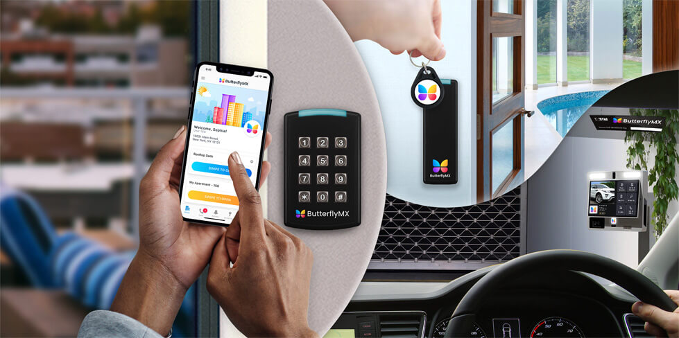A collage showcasing ButterflyMX's diverse range of accessories products, including key fobs, readers, and windshield tags, designed to enhance the convenience and security of property access.