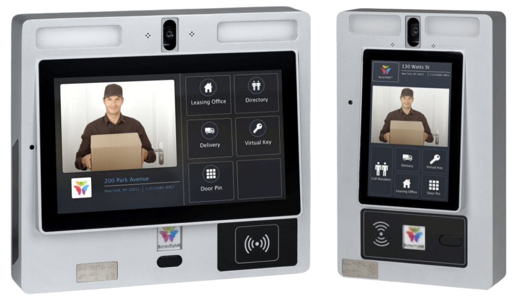 Two ButterflyMX video intercom systems isolated on a transparent background. These advanced access control devices offer two-way video calling, remote access, and elevator control, enhancing the security and convenience of any property.