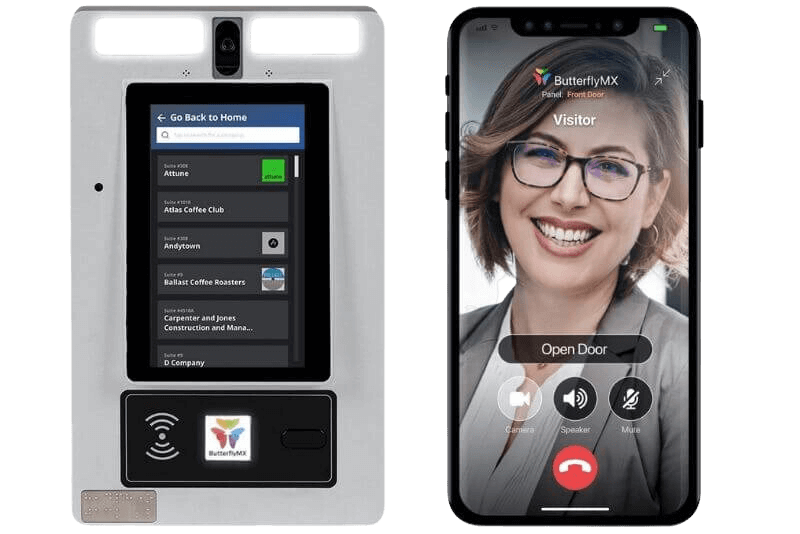 ButterflyMX smart video intercom system displayed next to a mobile phone showing the image of a visitor. This advanced access system offers two-way video calling, remote access, and enhanced security features.