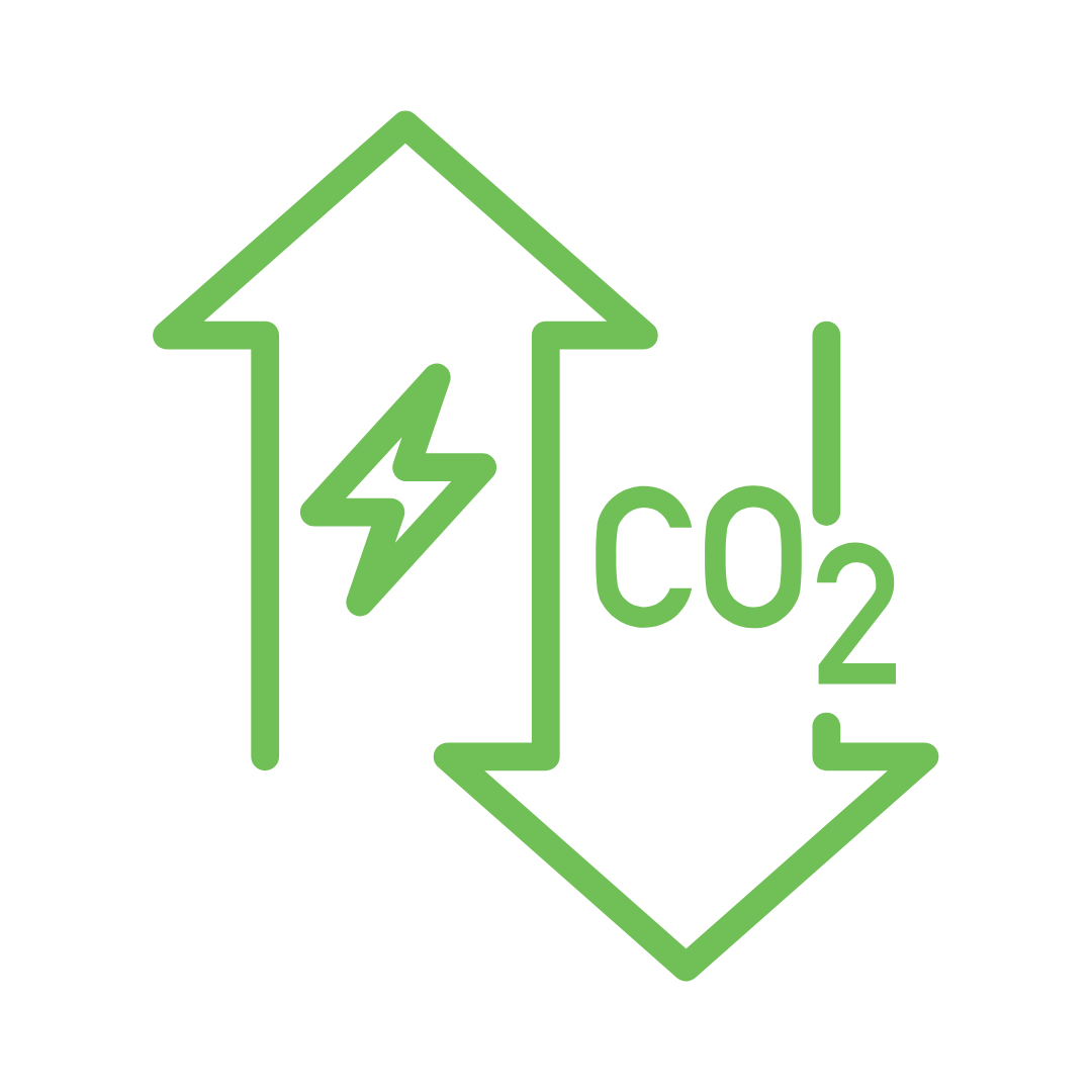 Illustration of two arrows, one pointing up with an electricity symbol and one pointing down with a CO2 symbol, representing the concept of carbon credit and incentives for EV charging.