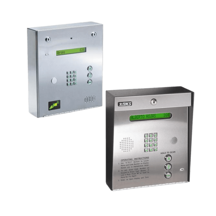 The DKS 1835 telephone entry system isolated on a transparent background, showcasing its sleek design and advanced features as part of Greenlogic comprehensive access control solutions.