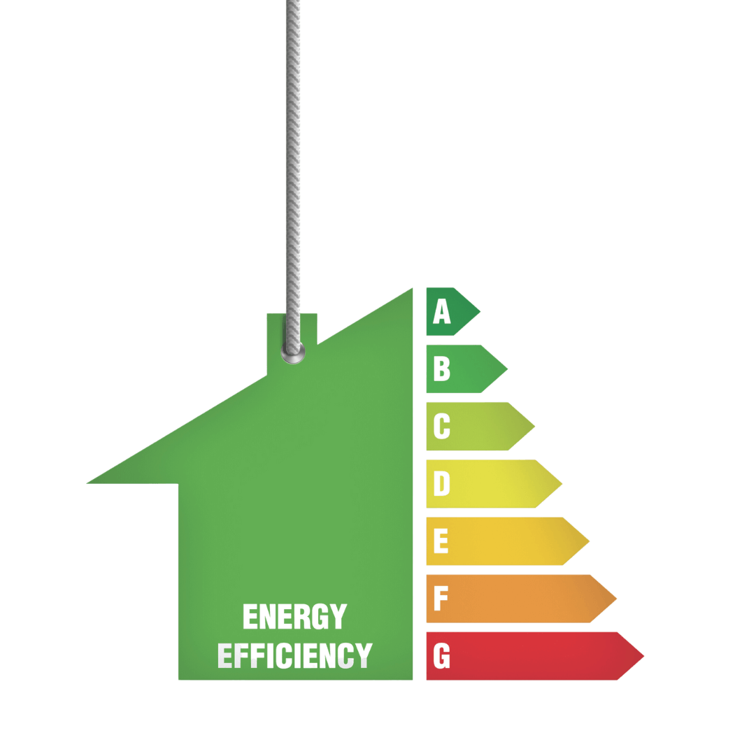 Illustration of a cardboard house with different colors inside representing energy efficiency ratings from A to G.