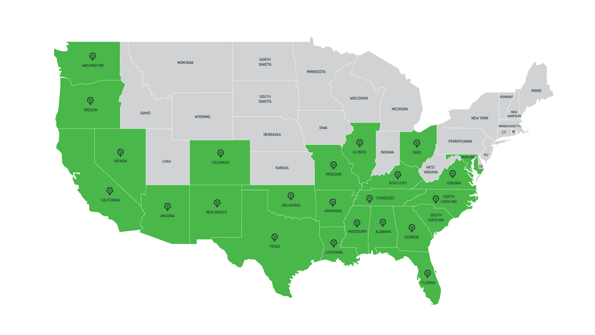 US map highlighting in green the states where Greenlogic has completed projects, with the rest of the states in gray.