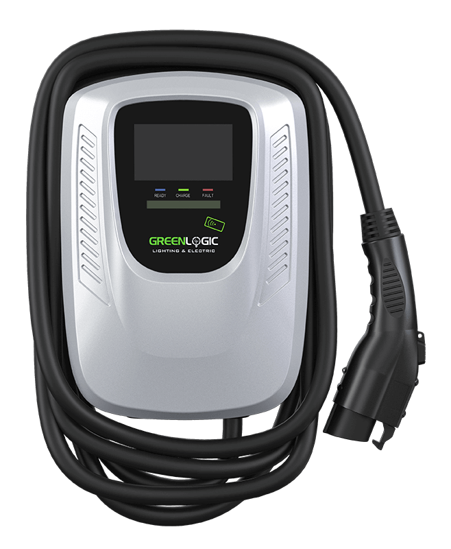 Front-facing black Greenlogic EV charging station, isolated on a transparent background, showcasing our versatile and stylish EV charging solutions.
