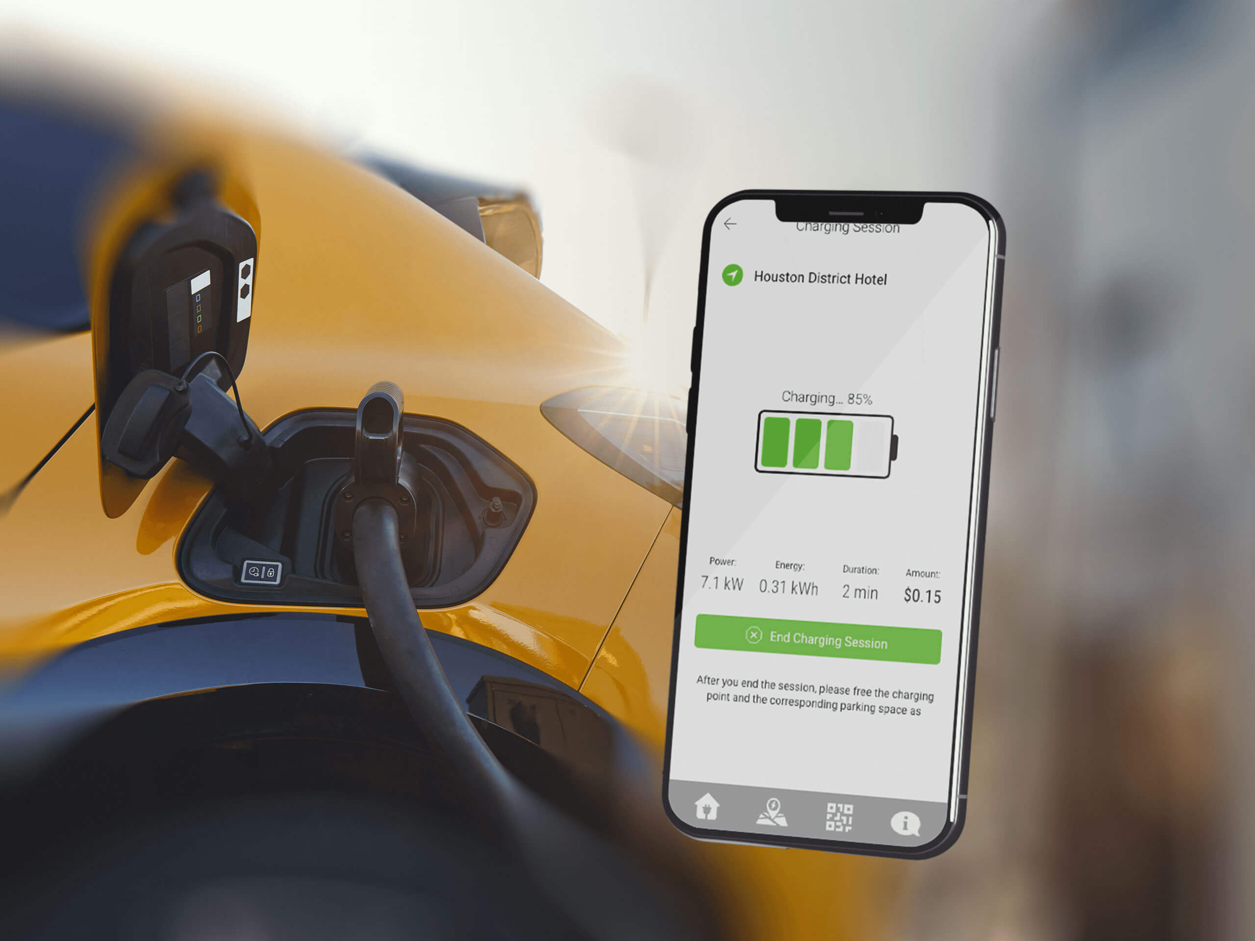 Mobile phone displaying the Greenlogic EVC app for EV drivers, with an electric vehicle charging in the background, showcasing our comprehensive resources for efficient EV charging.