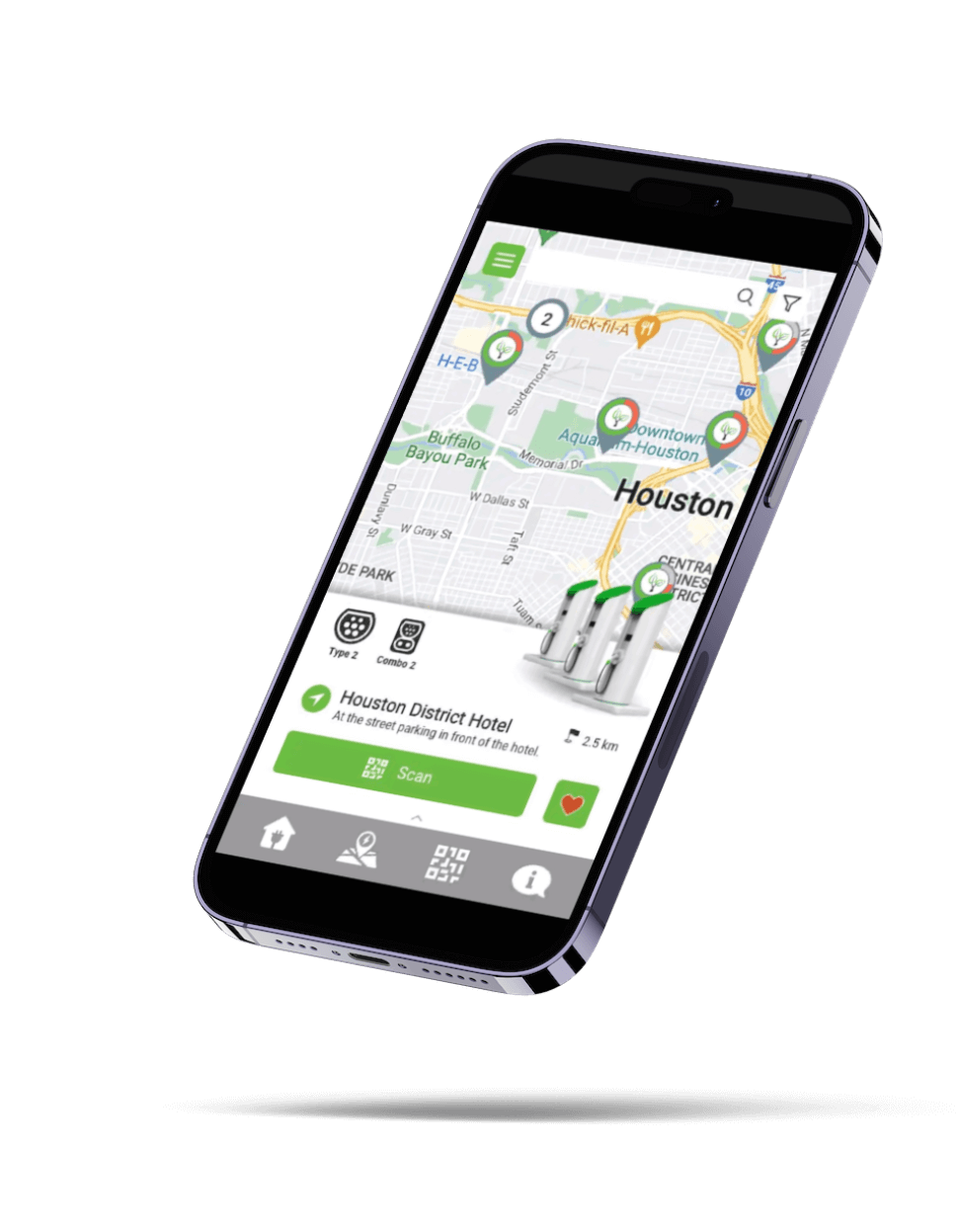 Mobile phone displaying GreenLogic's EVC App, a comprehensive tool for EV drivers to manage charging, payments, and reservations.