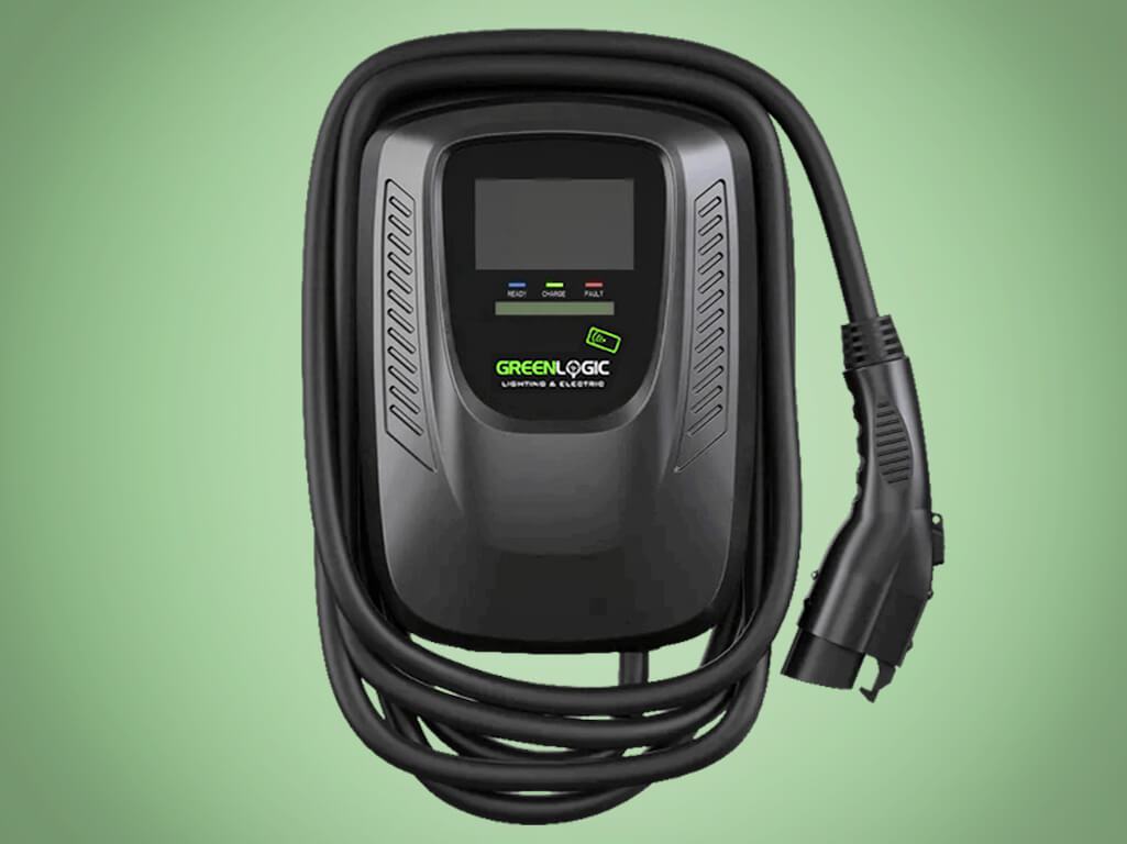 Close-up of the Greenlogic EVC 10, 48A EV charger in black color against a green background, a high-power and efficient charging solution for businesses.