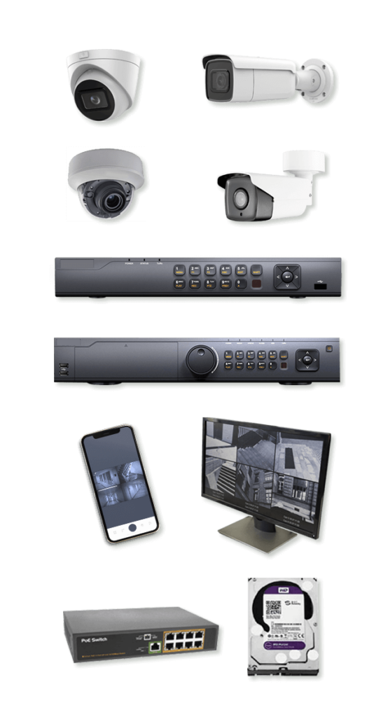 Image showcasing a variety of Greenlogic's security camera system accessories including Network Video Recorders (NVRs), Digital Video Recorders (DVRs), hard disks, and Power over Ethernet (PoE) switches, demonstrating the comprehensive range of our Security Camera Solutions.