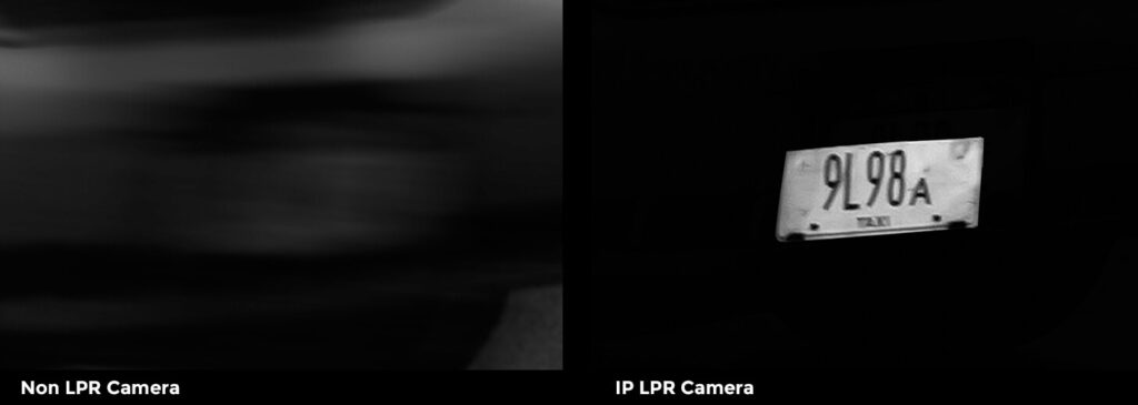 Night-time image showing License Plate Reader (LPR) security cameras successfully capturing a clear image of a moving vehicle's license plate, highlighting the superior performance of our security camera solutions in low-light and dynamic conditions.
