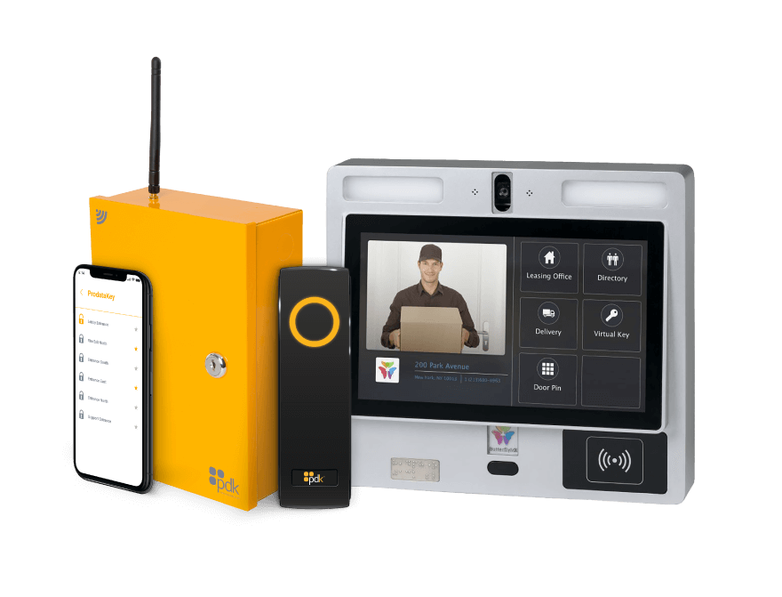 Integrated access control systems from PDK and ButterflyMX, isolated on a transparent background. These advanced systems offer seamless property management anytime, anywhere, enhancing the security and convenience of your property.