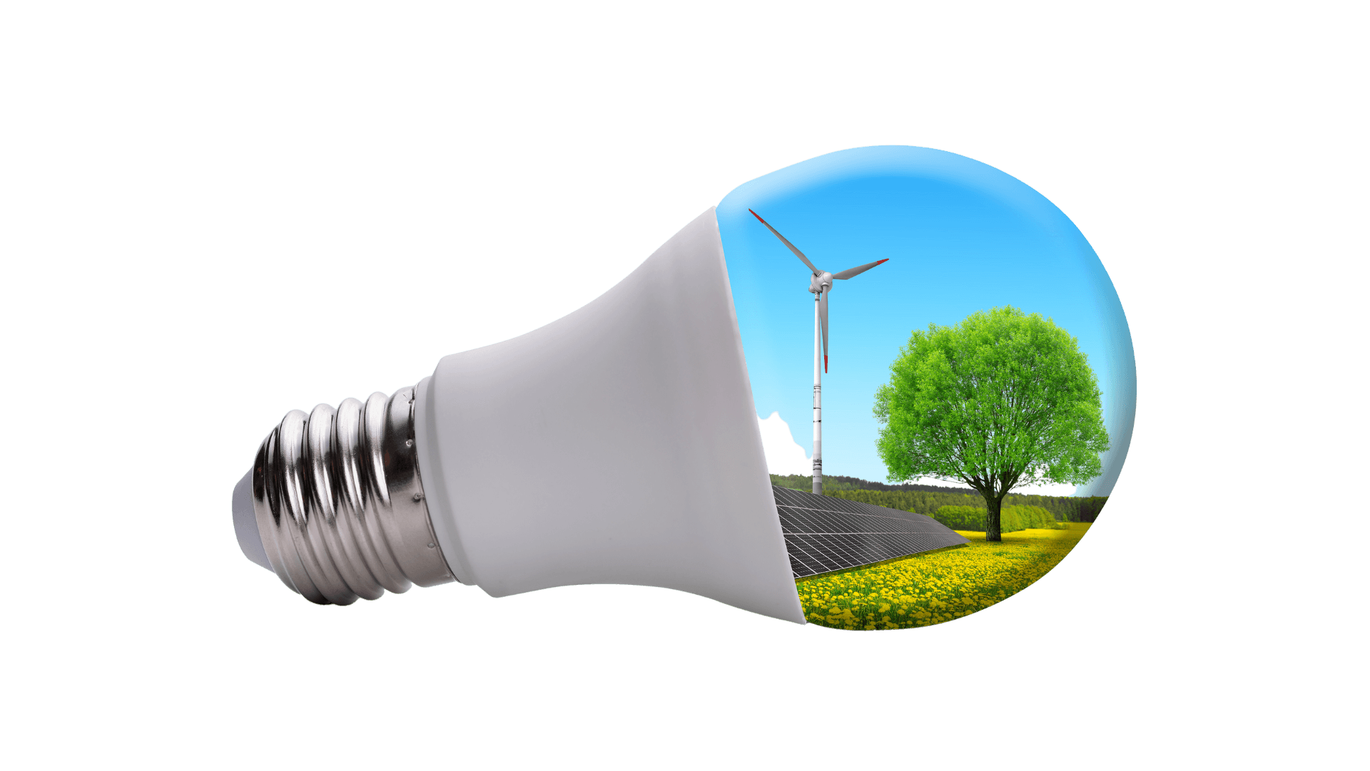 An isolated LED bulb showcasing sustainable energy solutions including a wind turbine, green field, tree, and nature, symbolizing Greenlogic's commitment to incentives and rebates for energy conservation.