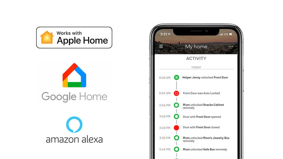 Smart door lock app next to Apple Homekit, Google Home, and Amazon Alexa logos.