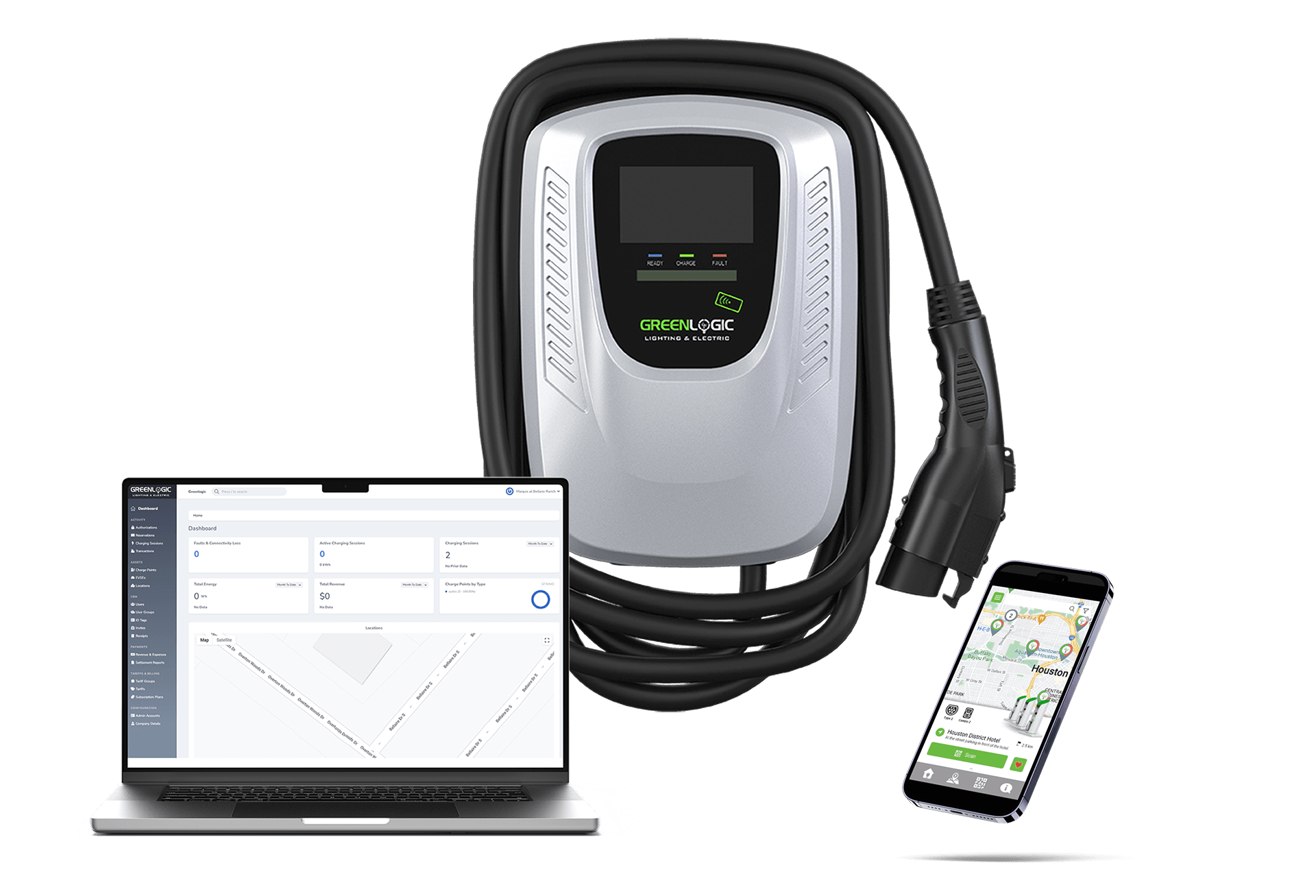 Greenlogic EV charging station, management software on a laptop, and mobile app for EV drivers.