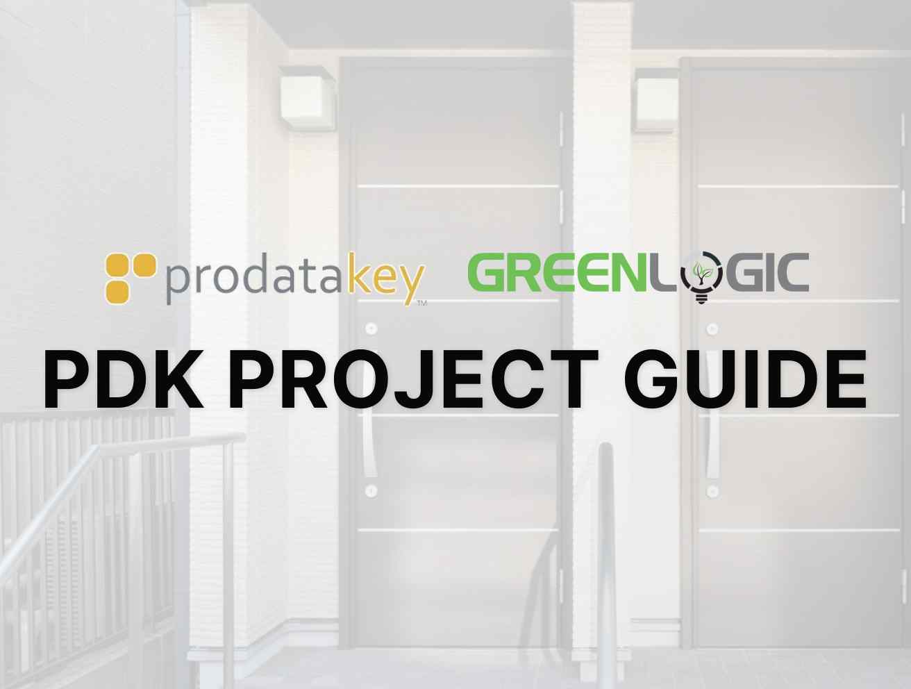 PDK and Greenlogic logos with "PDK Project Guide" title and home entry doors background.